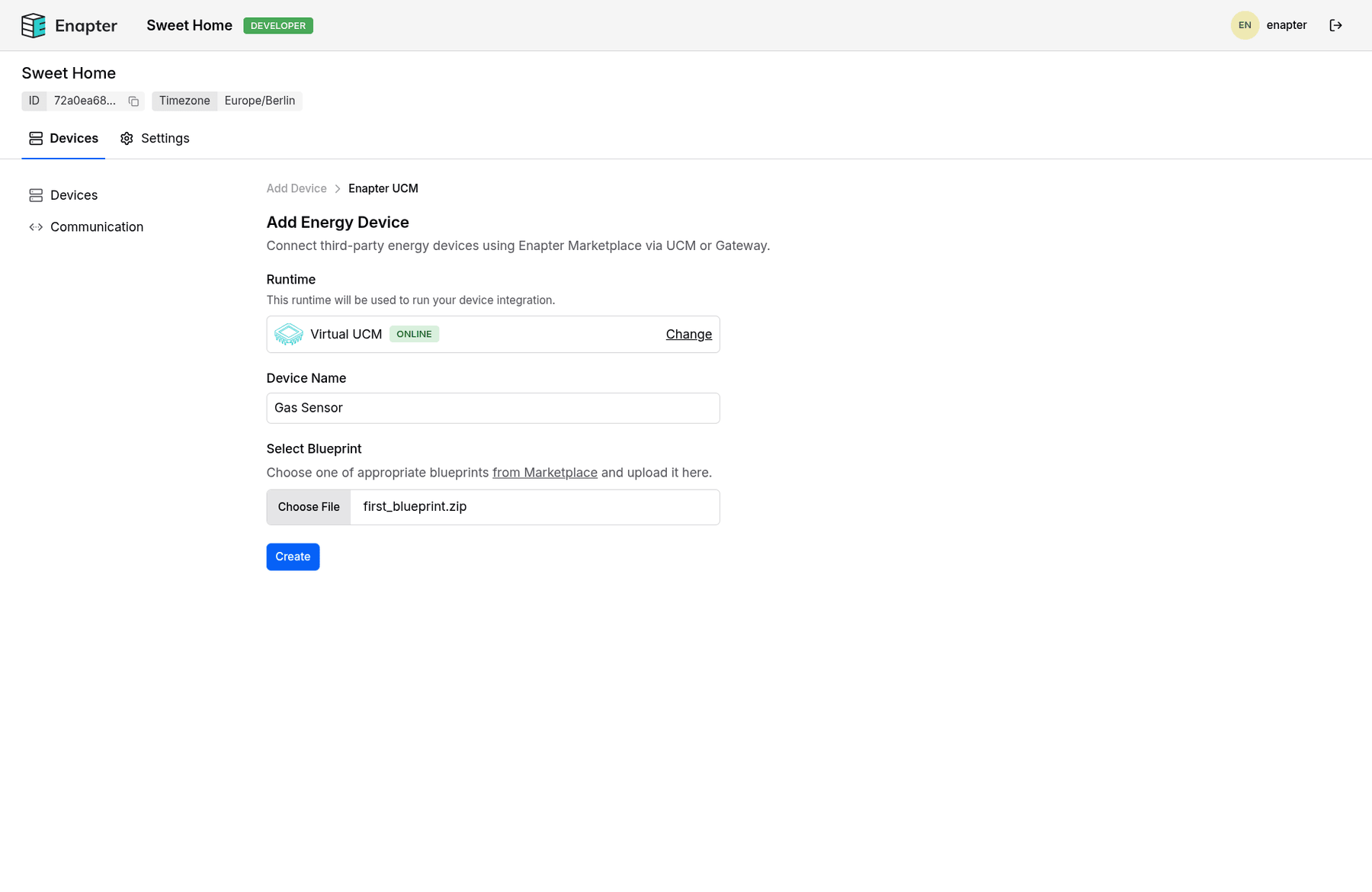Enter device name and choose blueprint zip file